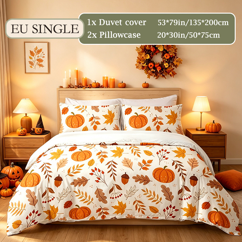 TEMU 3pcs Halloween Orange Pumpkin Falling Leaves Duvet Cover Set (1 Duvet Cover   2 Pillowcases), , Soft Brushed Fabric, Halloween Bedding For Dorm