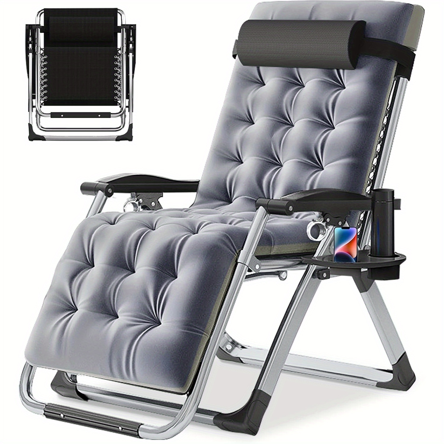 Zero Chair Adjustable Reclining Lounge Chair - Foldable   with Removable Cushion, 199.58KG Capacity, Headrest & Cup Holder - Lightweight Portable for Indoor/Outdoor Use  , Camping, Travel, Sleek Metallic Frame, Durable Metallic Construction, Patio Furniture, Contemporary Seating, Highcapacity Seating, Comfortable Seating, Patio Owners