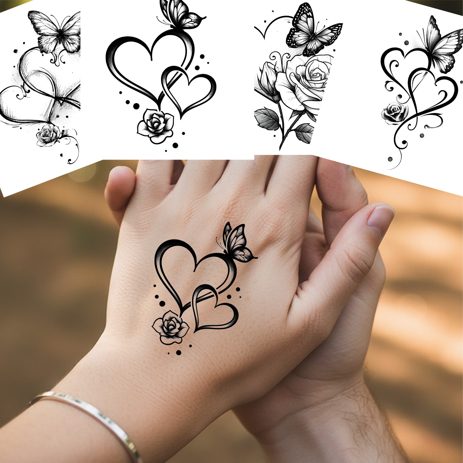 TEMU 4 Design Tatuaggi Temporanei Impermeabili per Donne, Adesivi Tatuaggio Intrecciati a Cuore Rosa, Adesivi Body Art con Design a Cuore per Polso