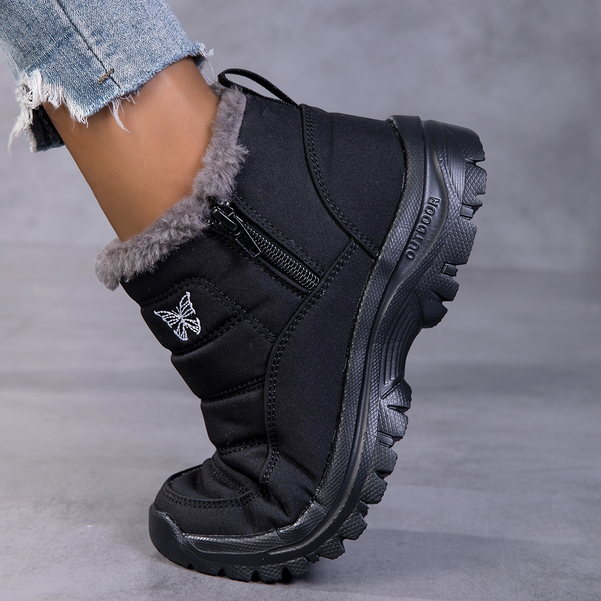 Image of Men's Winter Fleece Lined Thickened Short For Snow Boots, Convenient Side Zipper Thick Sole Warm Ankle Boots For , Outdoor Hiking, Daily Shopping, Rainy For Snowy Weather Winter Outfits