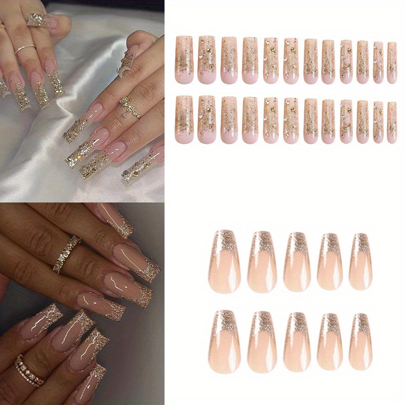 

48pcs (2 Pack) Pressed On Nails Rectangular Fake Nails Golden Glitter French Fake Nails With Diamond Pattern Smooth Acrylic Nail Glue For Weddings And Birthdays