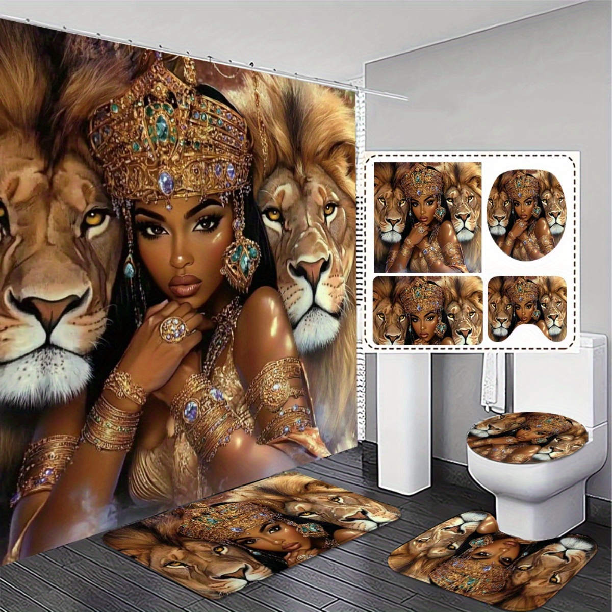 TEMU 2d Flat, 4pcs Bathroom Decoration Set, Lion Themed 2d Curtain And Non-slip Bathroom Toilet Lid Cover - Add Luxury And Style To Your Bathroom With 12 Hooks. Exquisite And Decoration Gift
