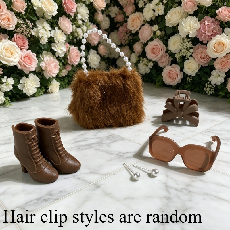 TEMU 7pcs Dollhouse Simulation Handbag And Shoes Set With Random Hair Clip Styles. Suitable For Dollhouse Fitting Rooms And Decorative Accessories.
