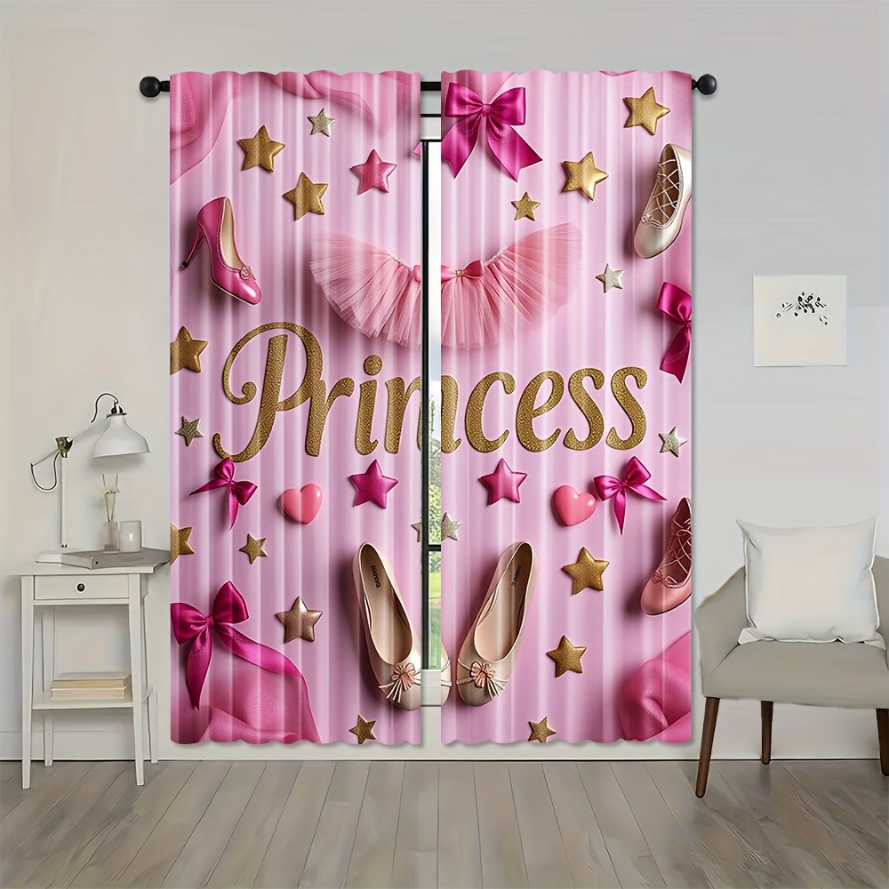 2d   - 2d   - juego de 2 piezas,   de princesa con zapatos de ballet, decoración de estrella y  , cortinas de poliéster estampadas en rosa y dorado, diseño   para barra,   para dormitorio,   y  