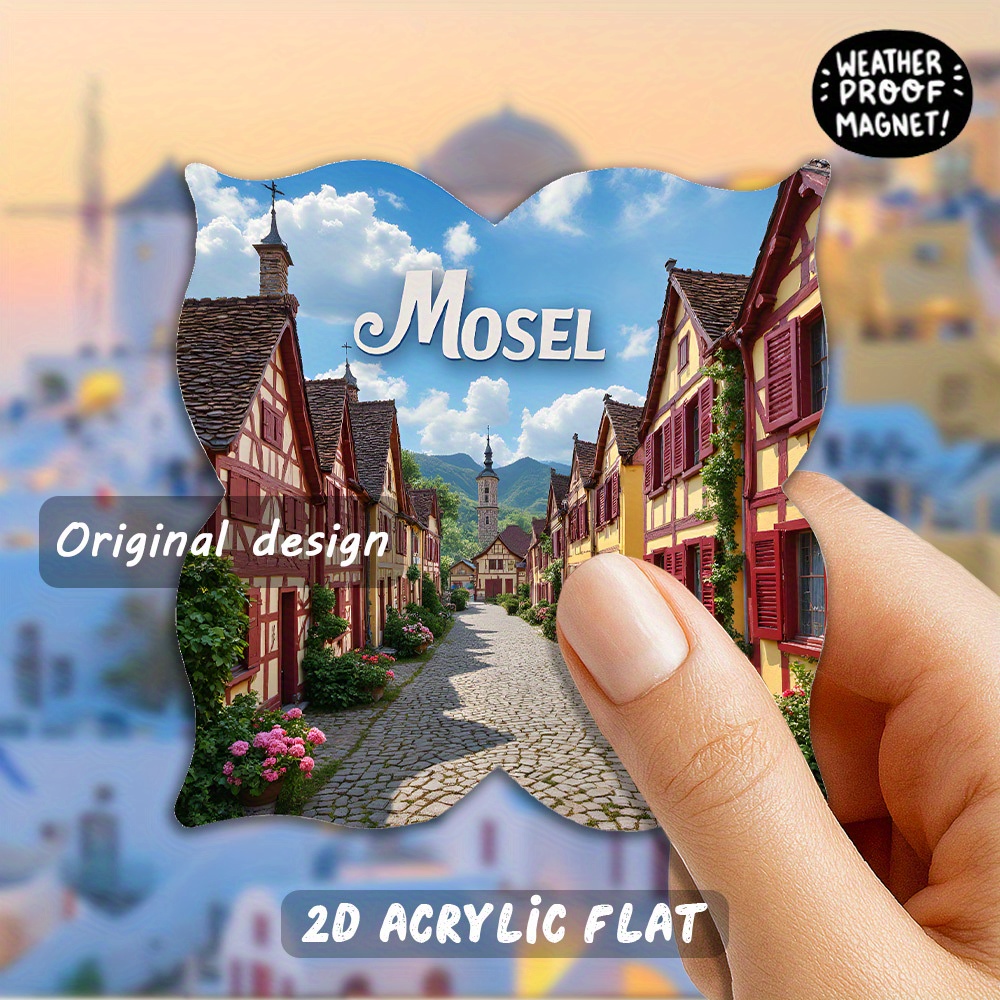 TEMU 2d Flat, 1pc Acrylic Fridge Magnet, 3.15-inch, Mosel Street Magnet - Cobblestone Path With Colorful Houses & Greenery - Perfect For , Mother's
