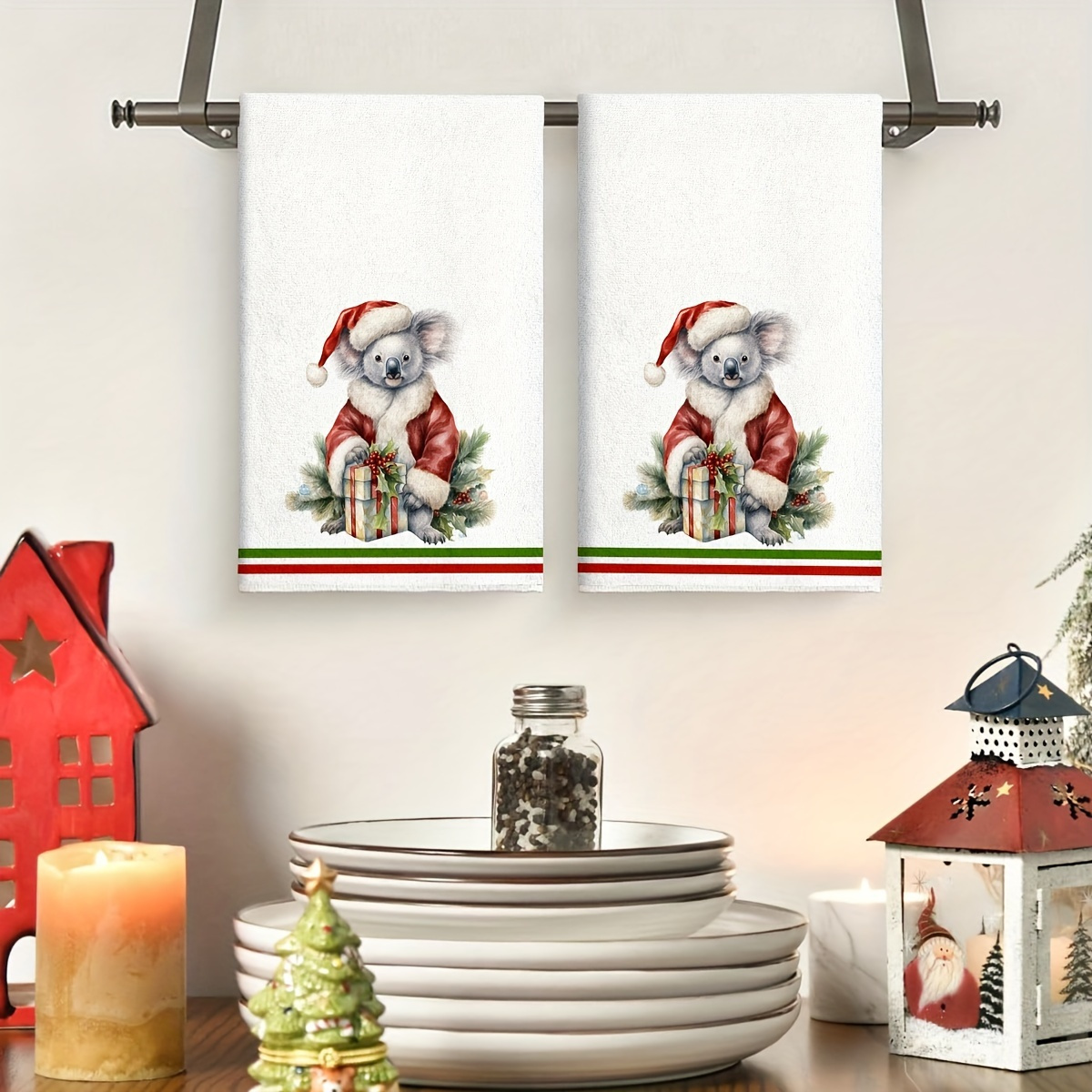 TEMU 2pcs Christmas Koala Towels - Soft, Durable, Machine Washable, High Absorbency Kitchen Dishcloths, Festive Santa Hat Design With Holiday Decor,
