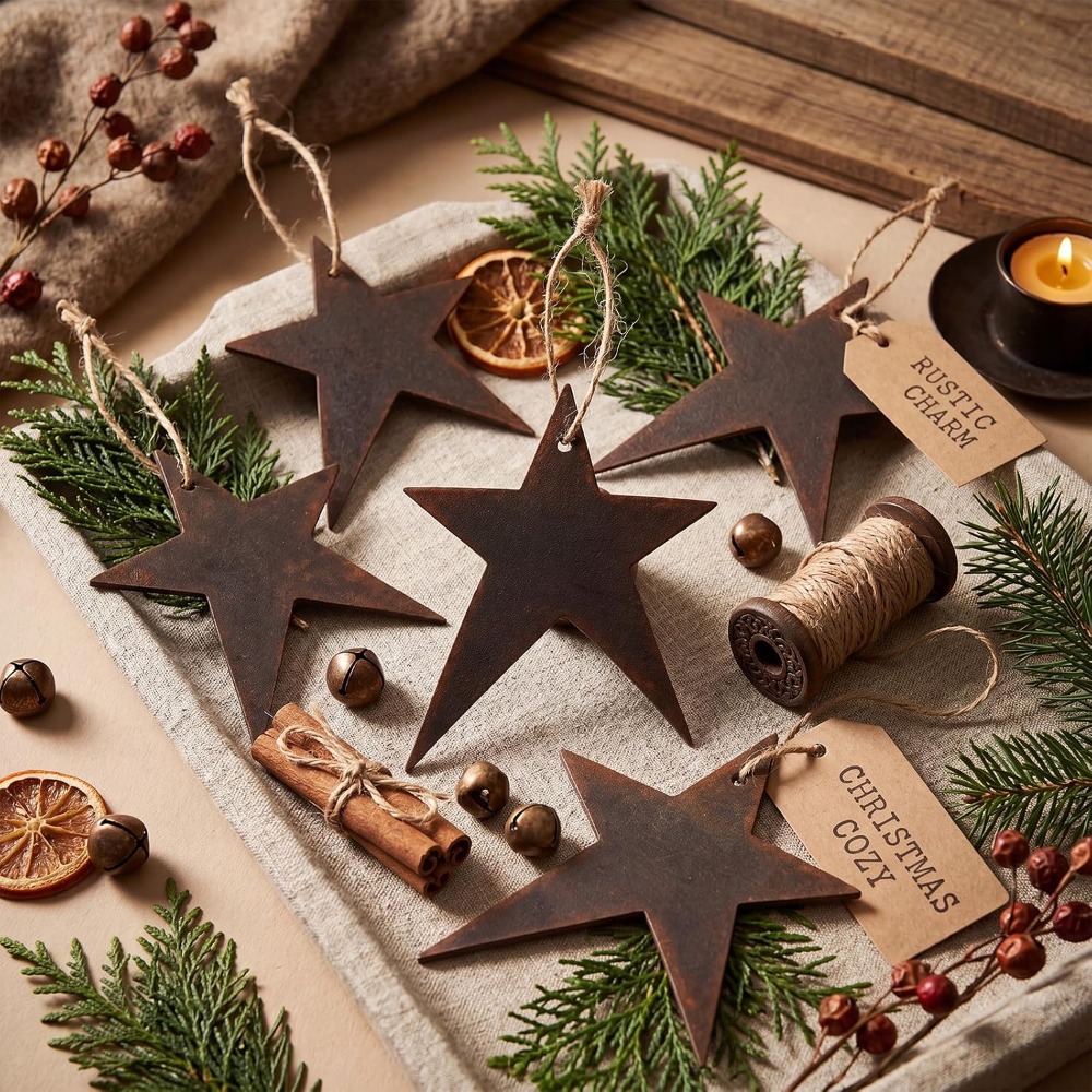 Image of 12pcs Wooden Rustic Christmas Primitive Star Ornaments, Vintage, Star-shaped, Wooden