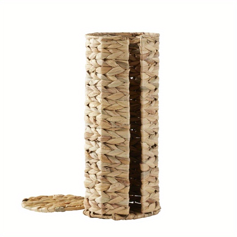 elegant beige woven tissue holder with lid natural hyacinth design round bathroom organizer for toilet paper stylish and functional home decor toilet paper holder Product details 3