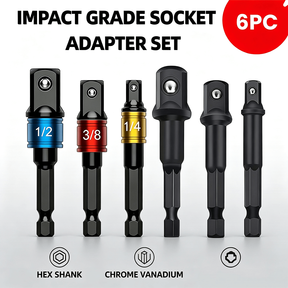 TEMU 6pcs Impact Grade Socket Adapter Set, 1/4, 3/8, And 1/2 Inch Socket Adapters, Chrome Vanadium Steel, - Ideal For Impact Drills And Drivers