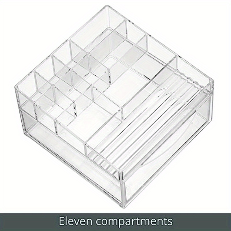   collection clear plastic divided makeup organizer bin with front drawer 11 compartment bathroom vanity storage for cosmetics brushes nail art tools durable countertop organizer space saving design 7 68x7x4 6in cosmetic storage organizer versatile use     material home organizers Product details 3