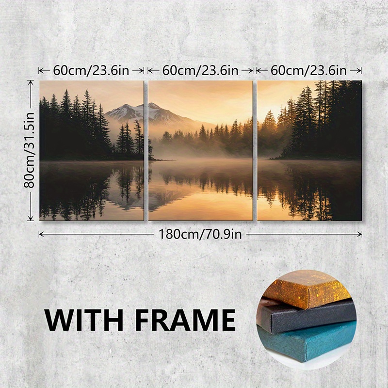 TEMU 2d Flat, 2d Flat, 3pcs/set Wooden Framed Canvas Poster, Mountain Reflection Lake Sunset Pine Trees Forest Landscape Home Decor Poster, Wall Art