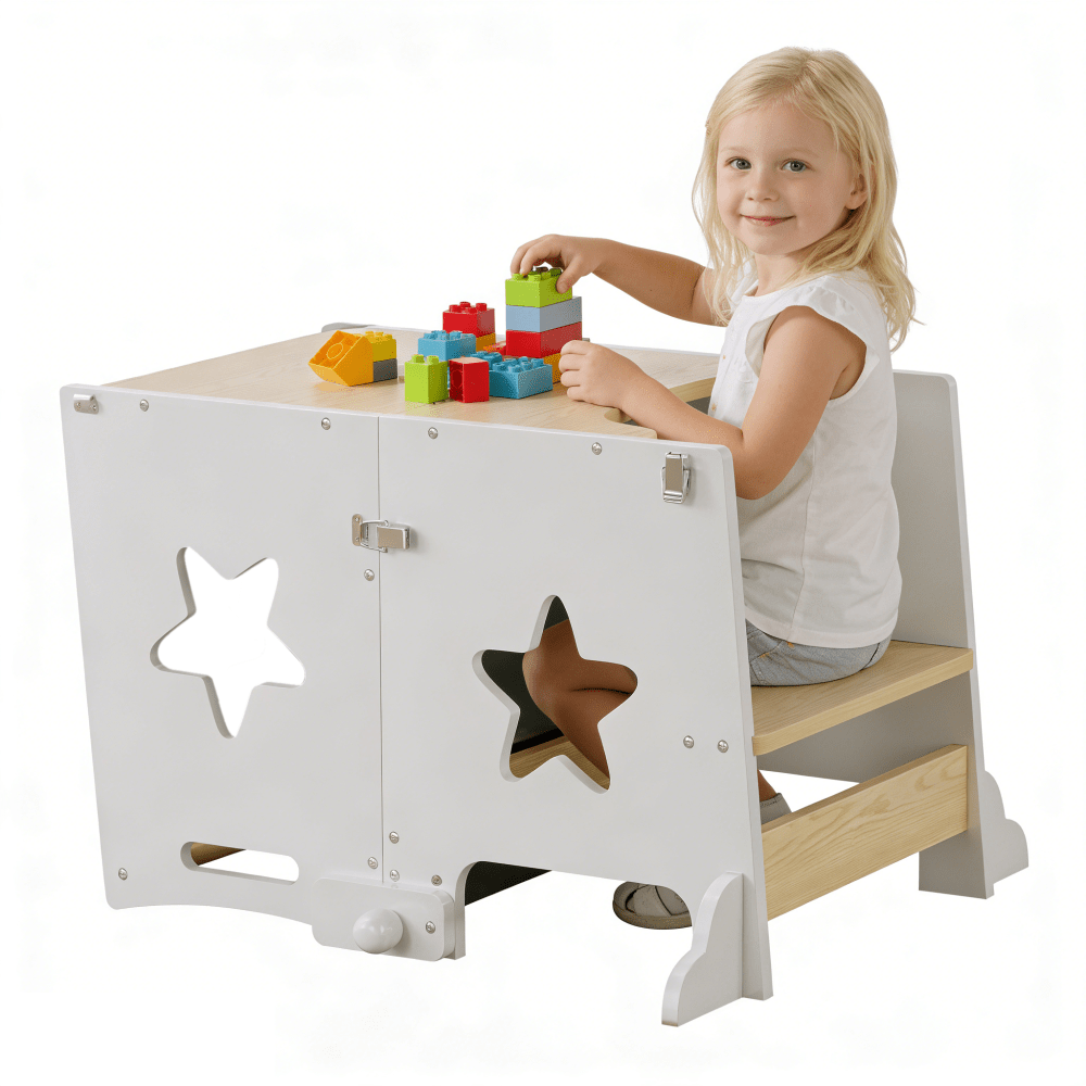 3-In-1 Kitchen Step Stool, Foldable Learning Standing Tower with Blackboard, Wooden Kitchen Stool Helper for Kids, Old Boy Girl Gifts