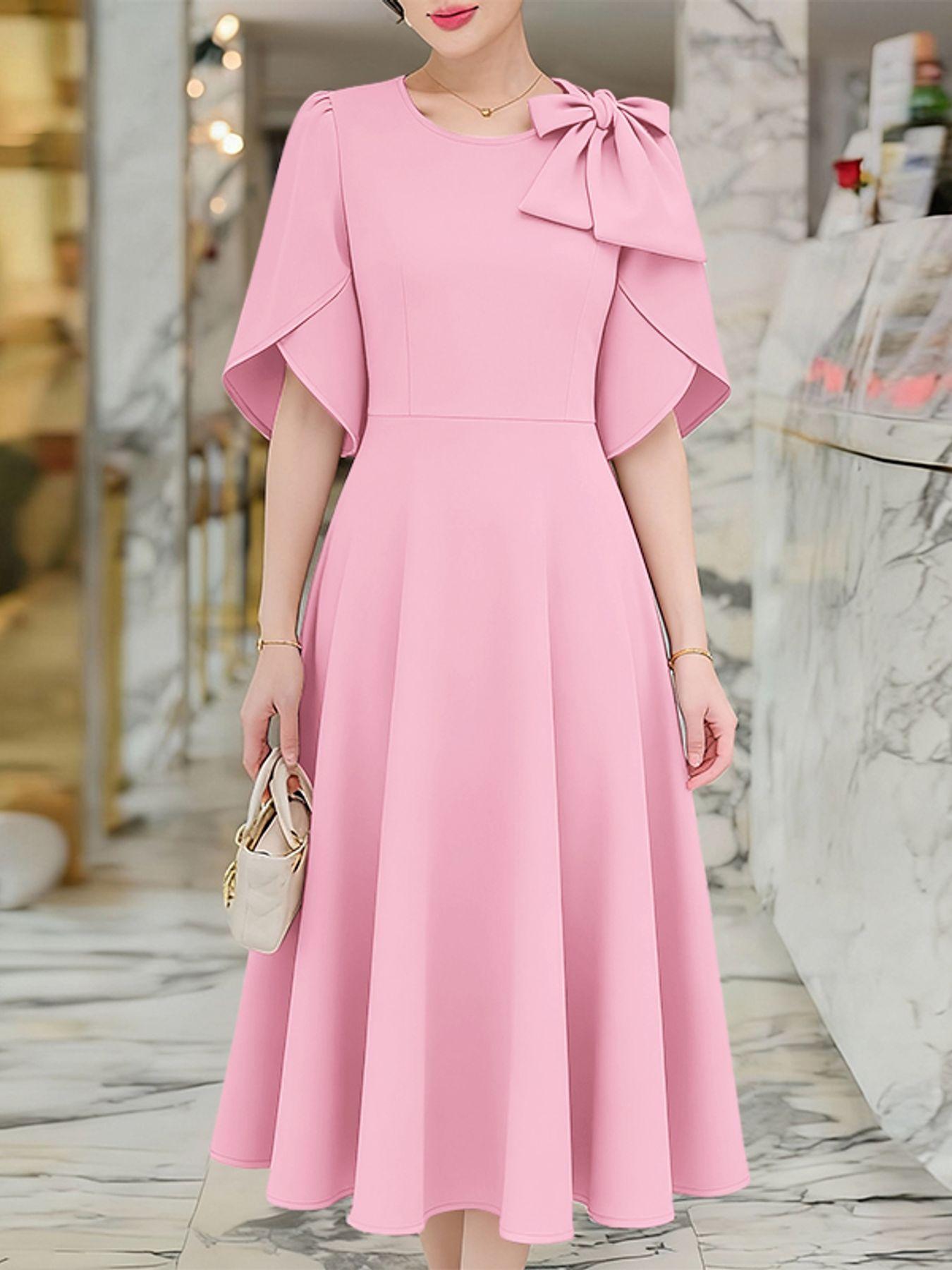 Pink Bow Cape-Sleeve A-Line Midi Dress