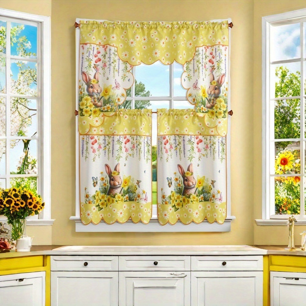 

Easter Bunny & Rooster 3pcs Kitchen Curtain Set - Animal Print, Rod For Easy Hanging, Living Room, Bedroom, Bathroom Decor