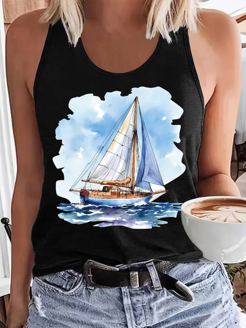 εικόνα αντικειμένου oversized στρογγυλό μπλουζάκι με κολάρο, καλοκαιρινό casual γυναικείο γιλέκο με σχέδιο ναυτικού, τοπ για καθημερινή φορά στην παραλία και τις διακοπές