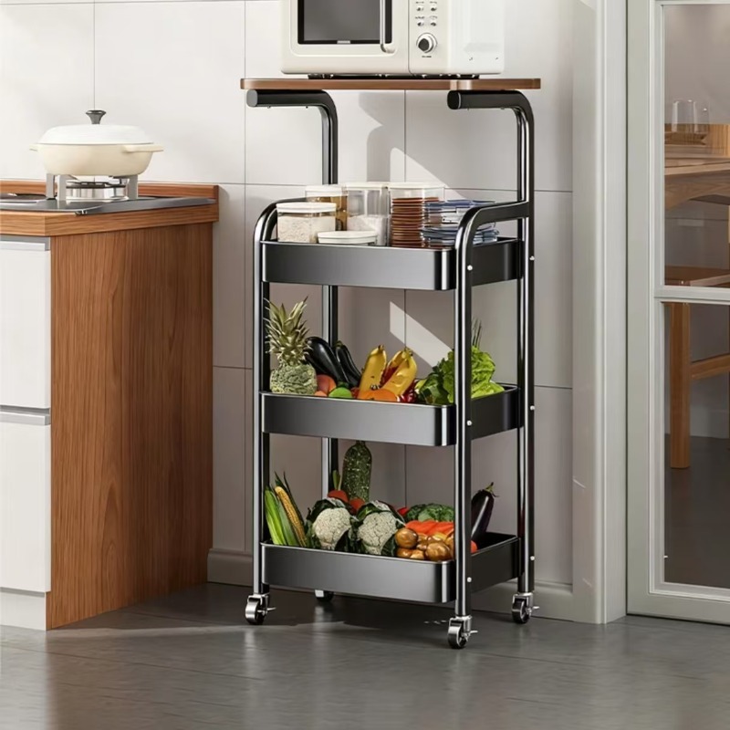 imagen del artículo carrito de almacenamiento multifuncional de 3 niveles con ruedas - diseño delgado, superficie superior de madera y cestas de malla, ideal para cocinas, oficinas y baños -   de metal resistente con acabado de pintura en polvo - / 