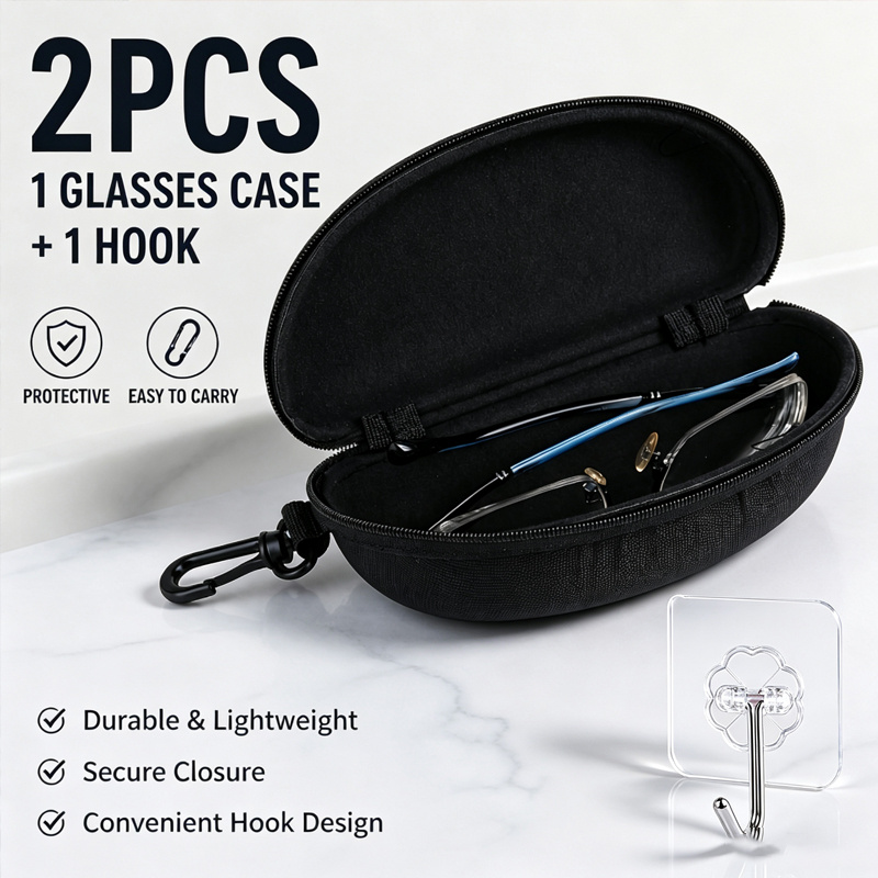 TEMU 2pcs [glasses Case And Hook] Polyester Glasses Case With Zipper And Hook, Black Hard Shell Unisex Glasses Case, Fashion Accessory Storage