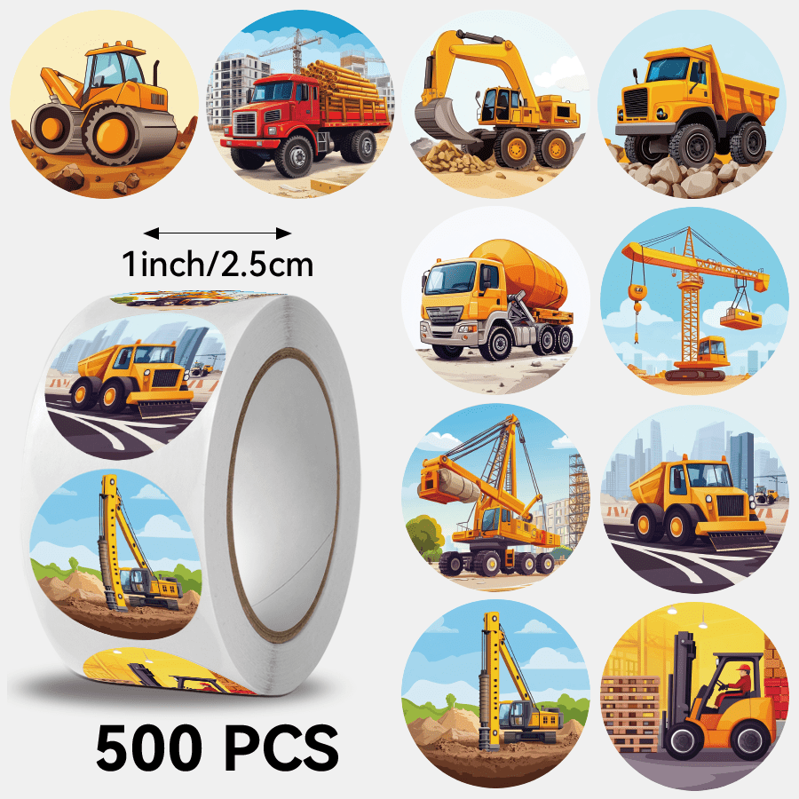TEMU 500pcs/roll, 10 Different Designs Of Engineering Vehicles, Suitable For Tablet, Phone Case, Notebook, Product Packaging, Skateboard Decoration,