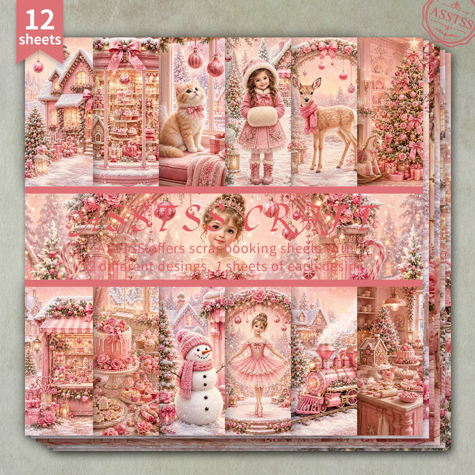 TEMU Bloc de papier de scrapbooking ASSTSS 12 feuilles 6x6 pouces, papier de cadeau et papier de support style de rose de Noël avec fille et ,