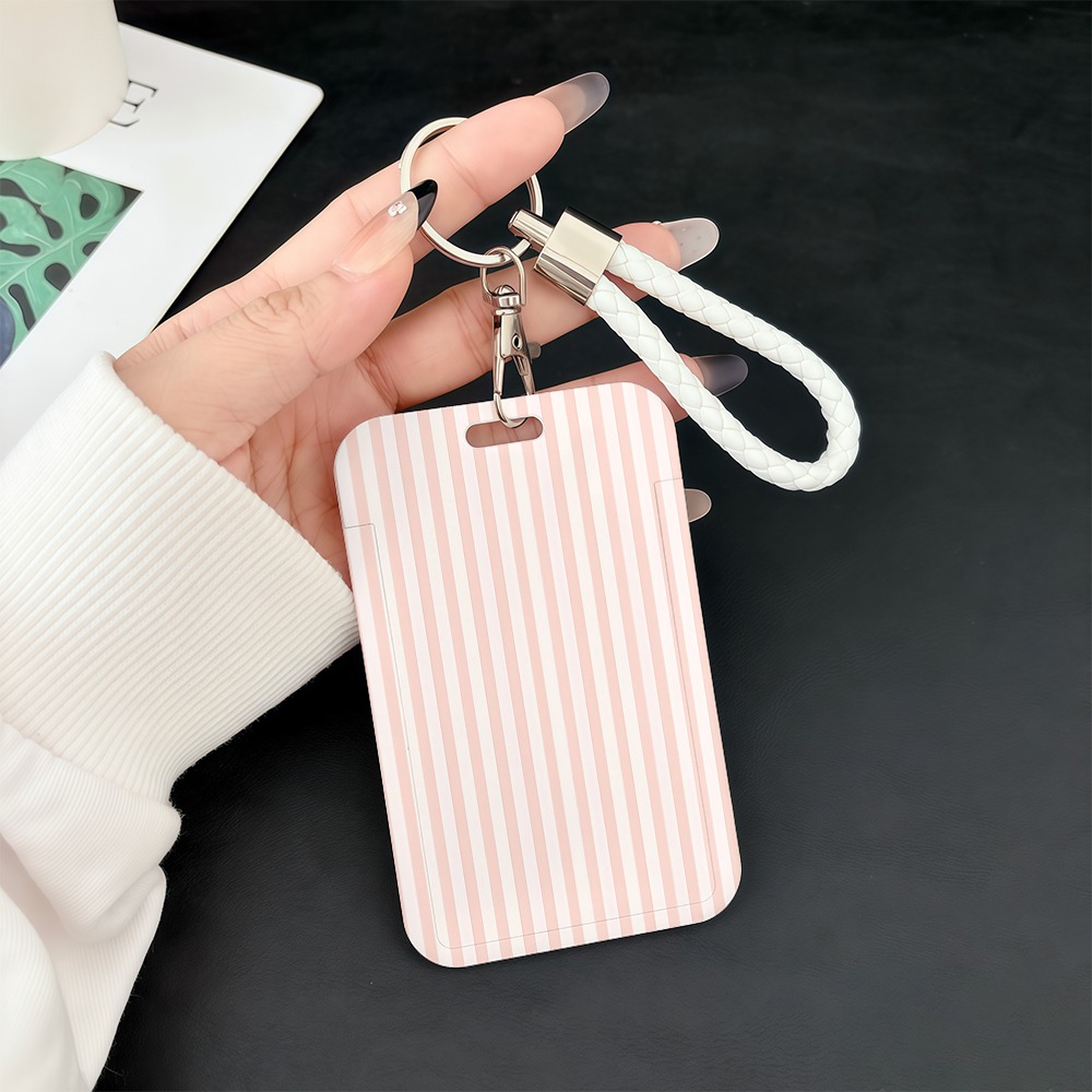 TEMU Porte-carte d'identité et étui 2D à rayures roses et blanches avec fermeture à pression - Convient pour cartes bancaires, abonnements de bus,