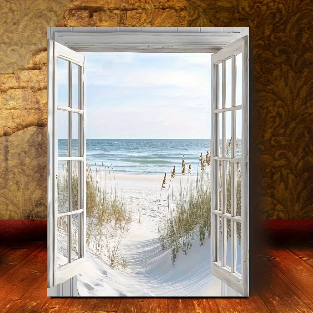 TEMU Art Mural sur Toile 2D Plat, Fenêtre de Plage Rétro avec Cadre en Bois - Décoration Murale Côtière avec Vue sur l'Océan, Œuvre d'Art Imprimée