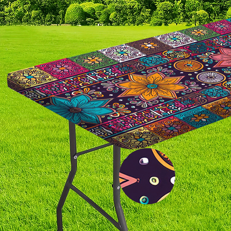 TEMU 1pc Bohemian Floral Tablecloth With Vibrant Colors - , Rectangular Polyester Knit Fabric, Indoor & Outdoor Dining, Picnics, And Home Decor,
