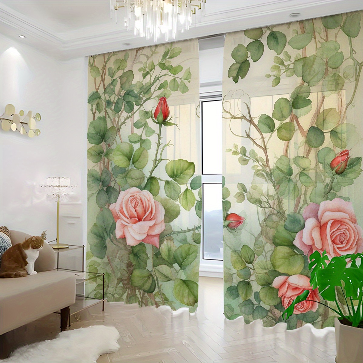 TEMU Dos Cortinas Transparentes para Decoración del Hogar, Semitransparentes con Elegantes Estampados de Rosas en Acuarela, que Presentan un Estilo .