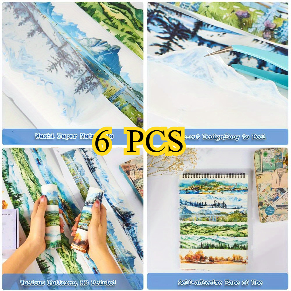 

6pcs Nature-inspired Pet Tape Set For Scrapbooking, Journaling & Crafts - , Waterproof Decorative Sticker Rolls With Clip Included