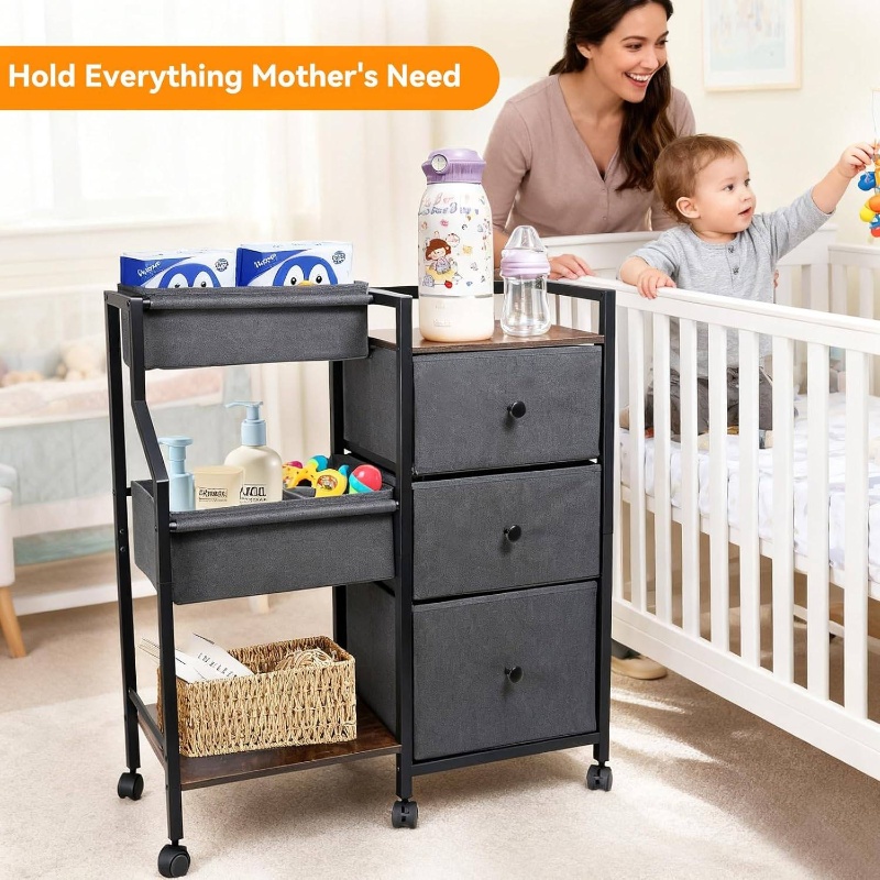 3 Tier Rolling Cart Diaper Caddy Organizer and Storage | with Drawers and Dividers, Essentials Cart for Nursery, Bedroom, Changing Table, Crib