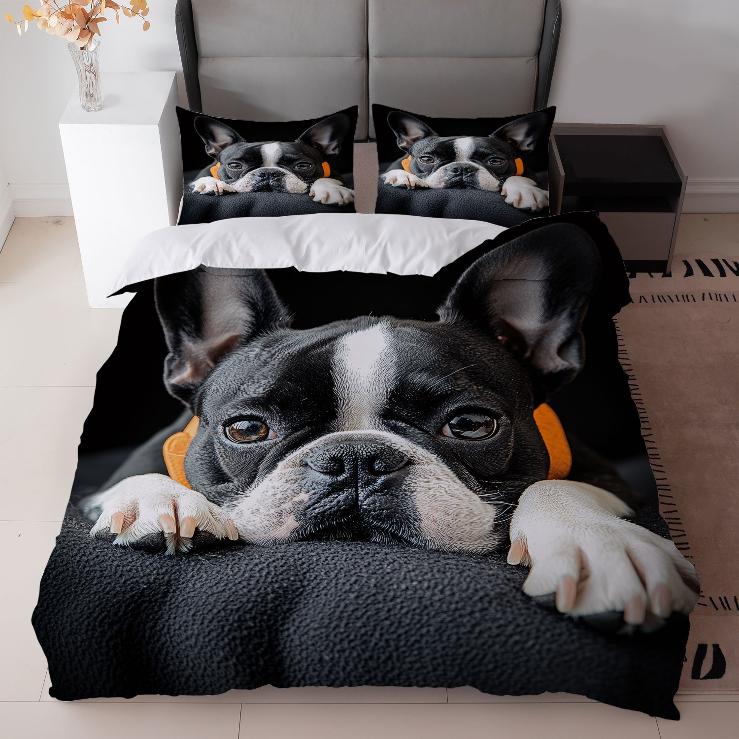 TEMU 3pcs Black And White Boston Terrier Print Bedding Set (1duvet Cover   2pillowcase, Without Core) For Bedroom Decor