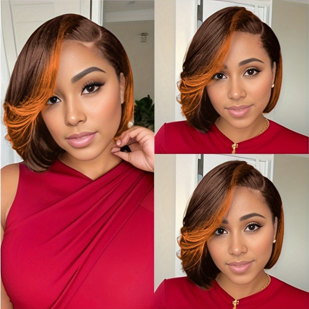 TEMU Short Straight Cut Human Hair Lace Front Wig 8 Inch 13x4 Natural Look 180% Density For Women - All , Short Hair Wig