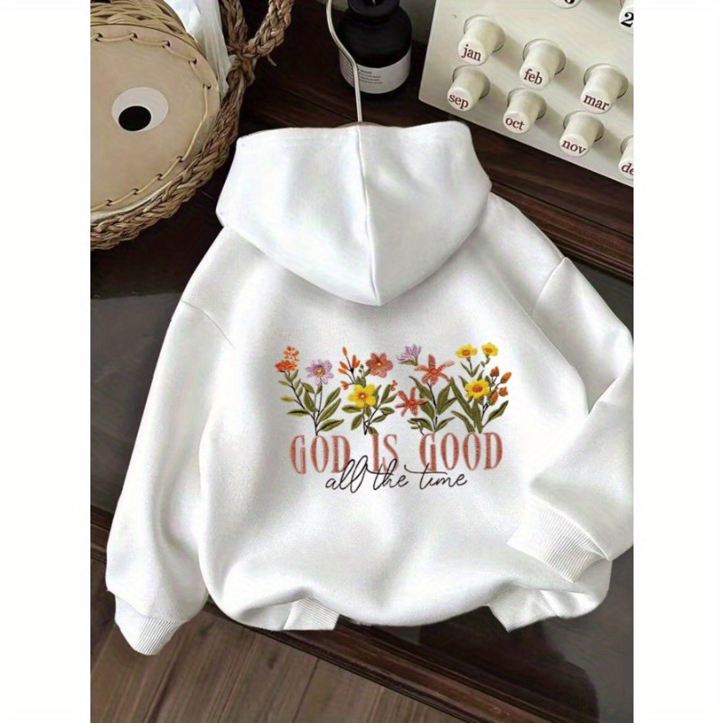 Women'S Casual "God is Good" Floral Print Hoodie - Cozy Drawstring Hooded Sweatshirt with Pockets, Long Sleeve, Polyester Blend, Machine Washable, All-Season Comfort, Allseason Sweatshirt | Floral Print Hoodie | Machine Washable Top, Sweater Hoodie
