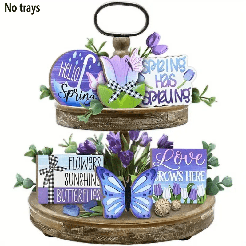 

7pcs Rustic Wooden Tiered Tray Decor Set, Spring & Theme, Farmhouse Style & Floral Signs, Floor Mounted Home & Party Decorations, No Power Needed