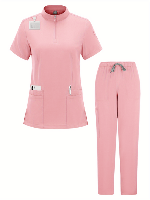 elegant 2pcs scrub set for women short sleeve top drawstring pants for healthcare professionals womens jogger scrubs top with elastic waistband breathable nurse uniform workwear set pocketed brushing clothes