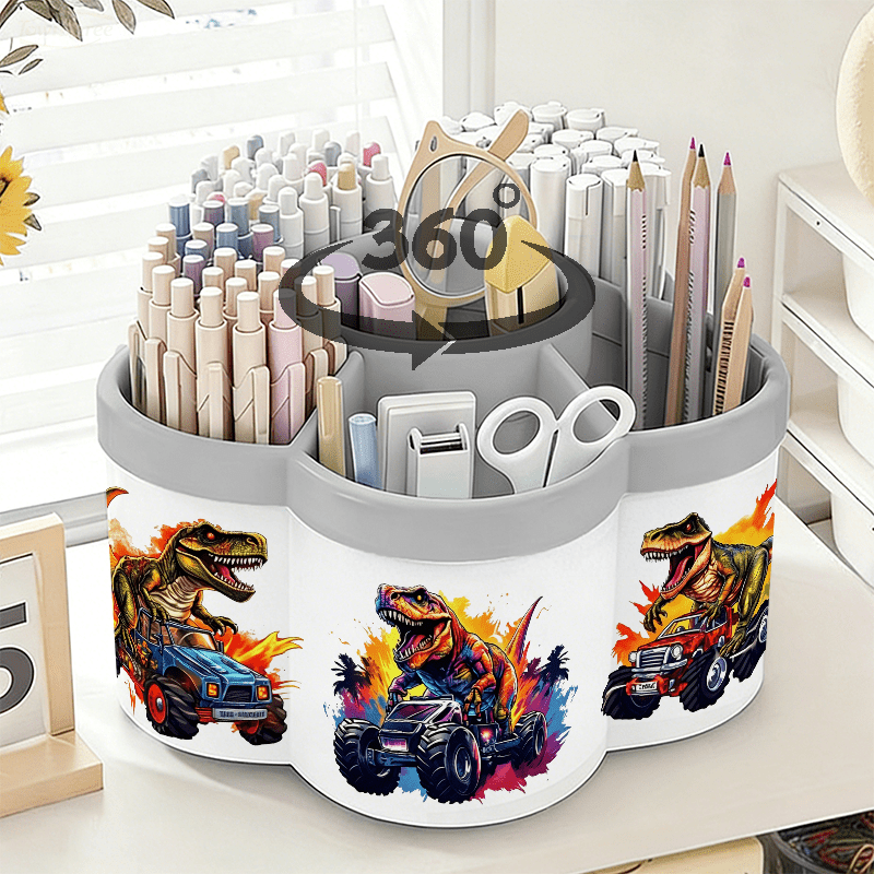 TEMU 360Â° Rotating Desk Organizer With Dinosaur Monster Truck Sticker - Large Capacity Spinning Pen Holder & Cosmetic Storage Box, Portable Plastic