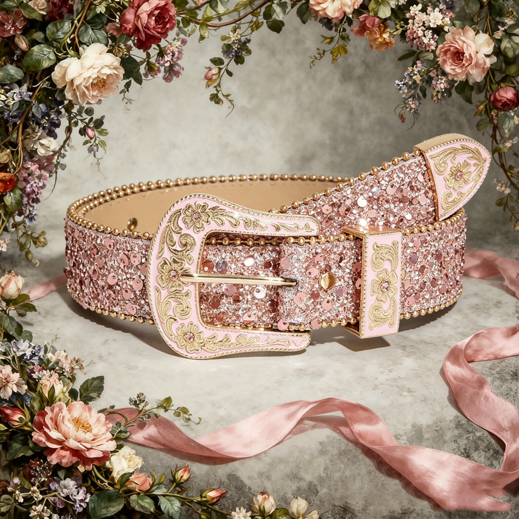 TEMU Ceinture de cowboy western Y2K pour femme avec paillettes à sequins roses et boucle dorée - Ceinture de taille bohème adaptée aux jeans,