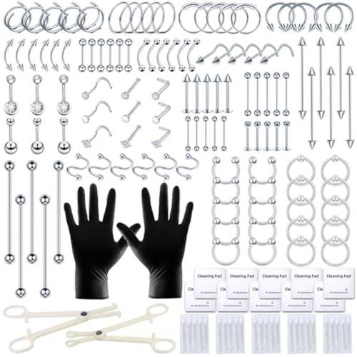 153pcs piercing kit for all body piercings with jewelry and tools nose septum belly button lip ear tongue cartilage eyebrow more 12g 14g 16g 20g needles stainless steel