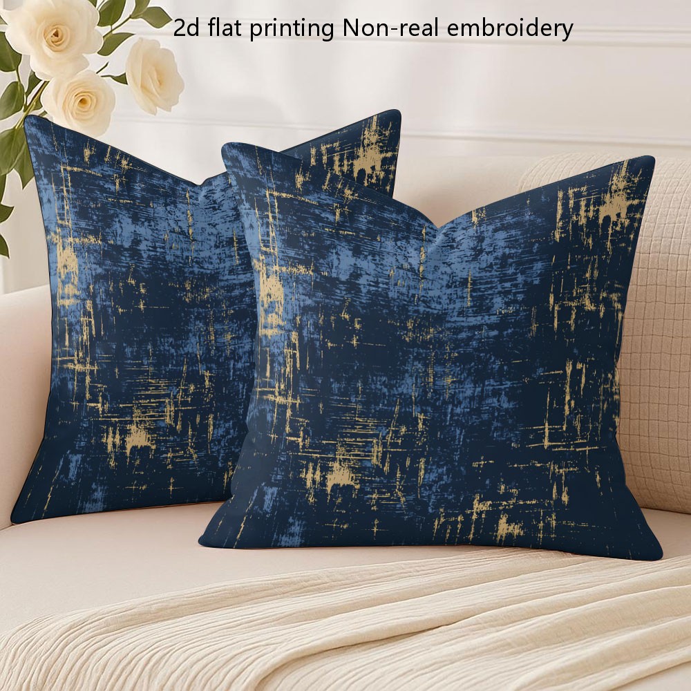 TEMU 2d Flat - Set Of 2 Modern Cushion Covers Featuring An Abstract Navy Blue And Golden Design, Machine Washable - 2d Single-sided Printed Pillow