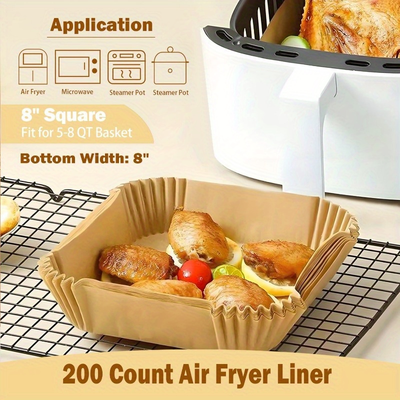200pcs 8 air fryer liner square baking parchment paper airfryer linersunbleached disposable nonstick nonleak nonwashing air fryer paper liner for 58   fryer basket, air fryer liners disposable, disposable air fryer liners, air fryer liners extra large, air fryer liners non stick, air fryer paper liners disposable, disposable cooking, kitchen essentials, nonstick surface, square liners, unbleached paper, nonwashing liners, baking sheets, home cooks, meal preppers Product details 3