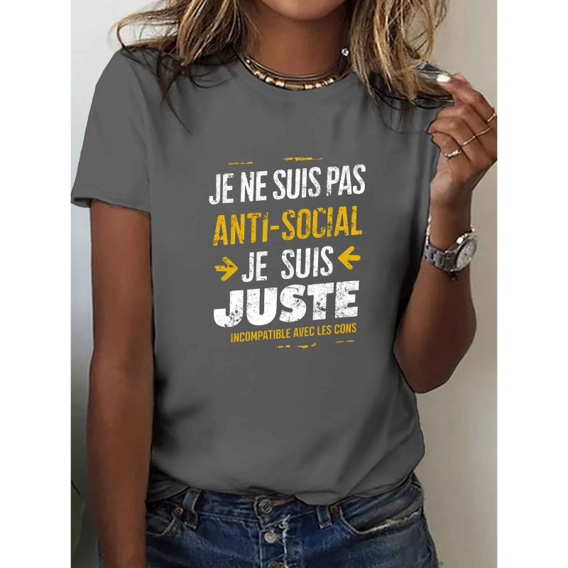 

Women's " Anti-social" Graphic T-shirt - Green, Short Sleeve Crew Neck Casual Top With French Quote, Polyester & Spandex , Machine Washable - , Casual Summer Top|relaxed Fit Top|smooth Texture Shirt