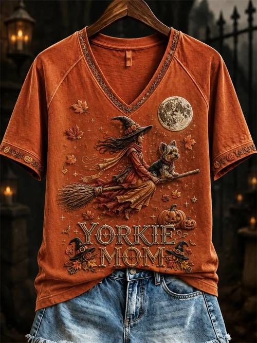 item picture women v neck short sleeve t shirt yorkie mom riding broom yorkshire terrier pumpkin maple hat letter graphic print raglan sleeve casual loose halloween fall daily tops for gift