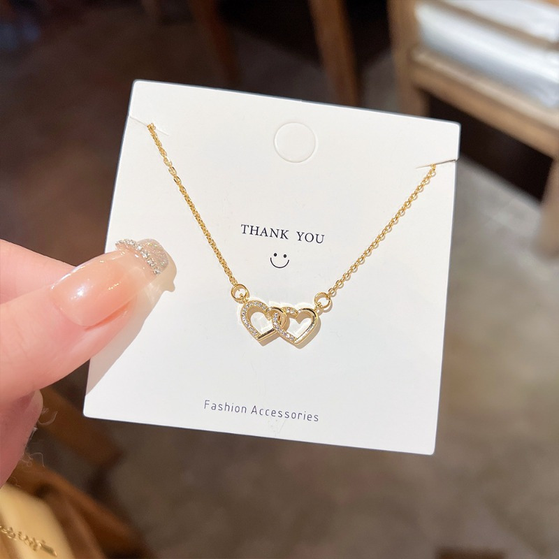 Interlocking Hearts Titanium Steel Necklace for Women Durable Elegant Collarbone Chain Love Theme Jewelry 2025
