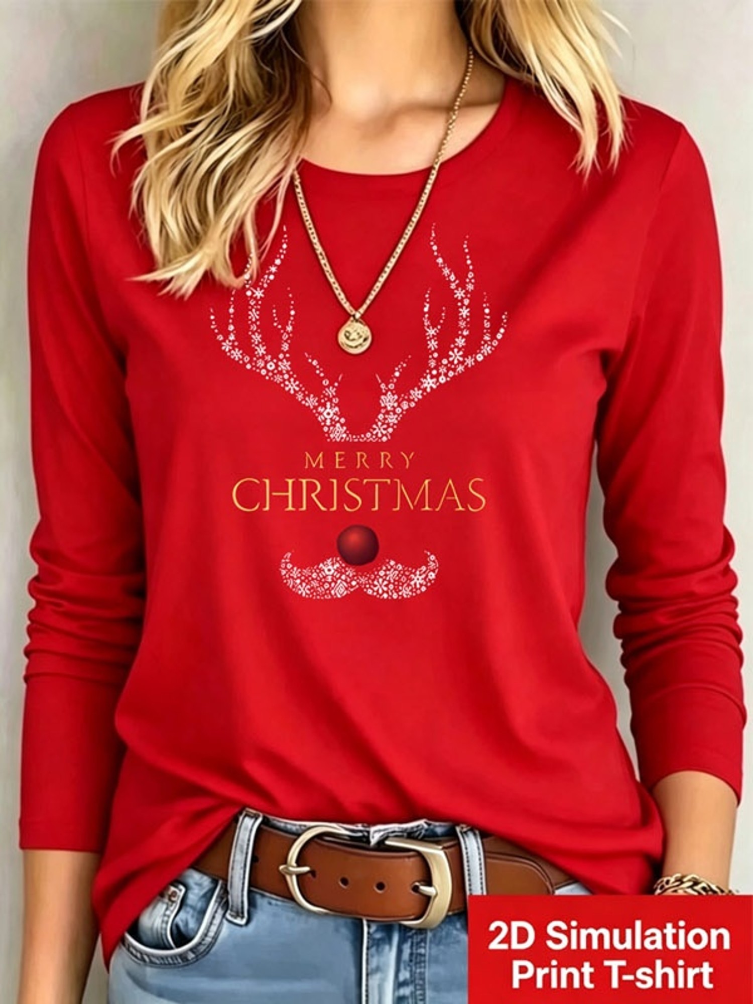 품목 사진 여성용 레드 긴팔 그래픽 티셔츠, 눈꽃, 사슴수염, 루돌프 빨간 코 & 골든 MERRY CHRISTMAS 레터링이 있는 크리스마스 프린트, 부드러운 캐주얼 탑, 다양한 사이즈