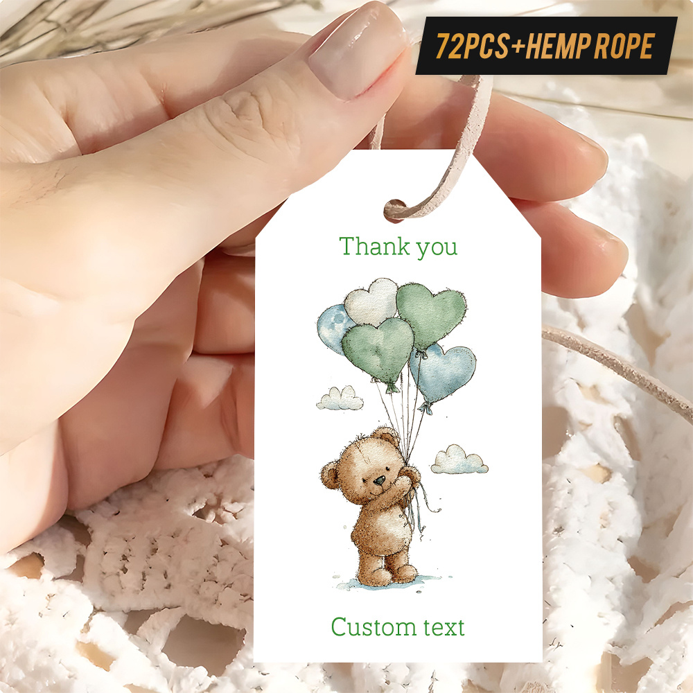 TEMU /72pcs Pcs Watercolor Bear With Heart Balloons Thank You Gift Tags - Custom Text/name/date Cute Bear & Heart Balloons, Suitable For Weddings,