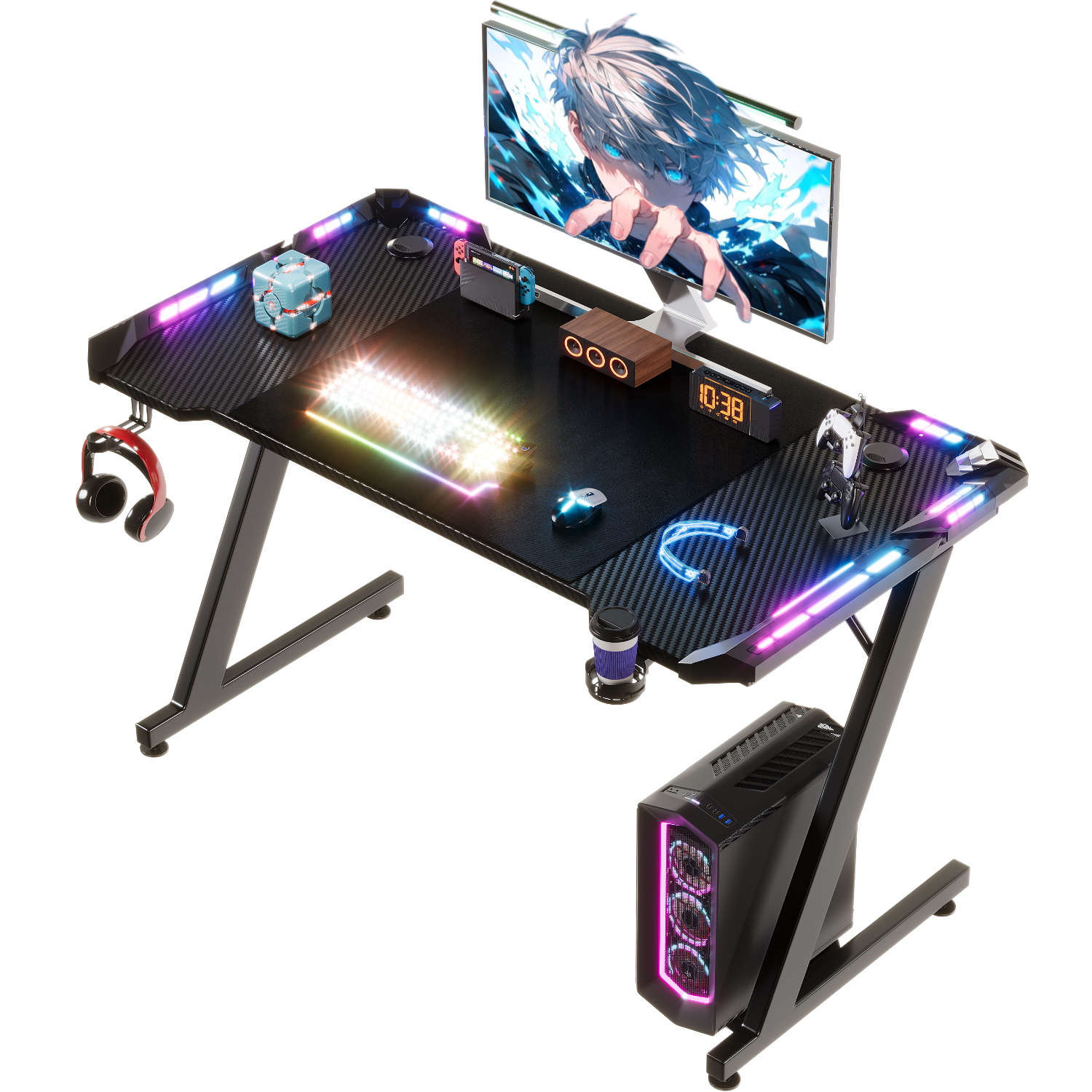 TEMU Bureau de Jeu - d'Ordinateur de Z de 120X60Cm, Bureau de Jeu Esports & de Travail de Bureau avec Crochet pour Casque et Porte-Gobelet - Table de