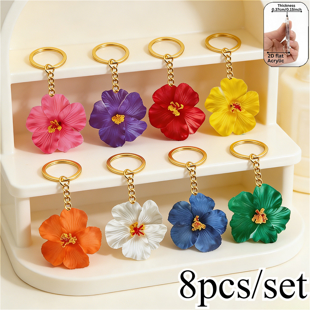 TEMU 8pcs Hibiscus Keychain Set, Egg Flower Backpack Pendant, Unisex Couple Keychains, Fashion Pendant, Car Key Chain, Beach Key Chain, Floral Key