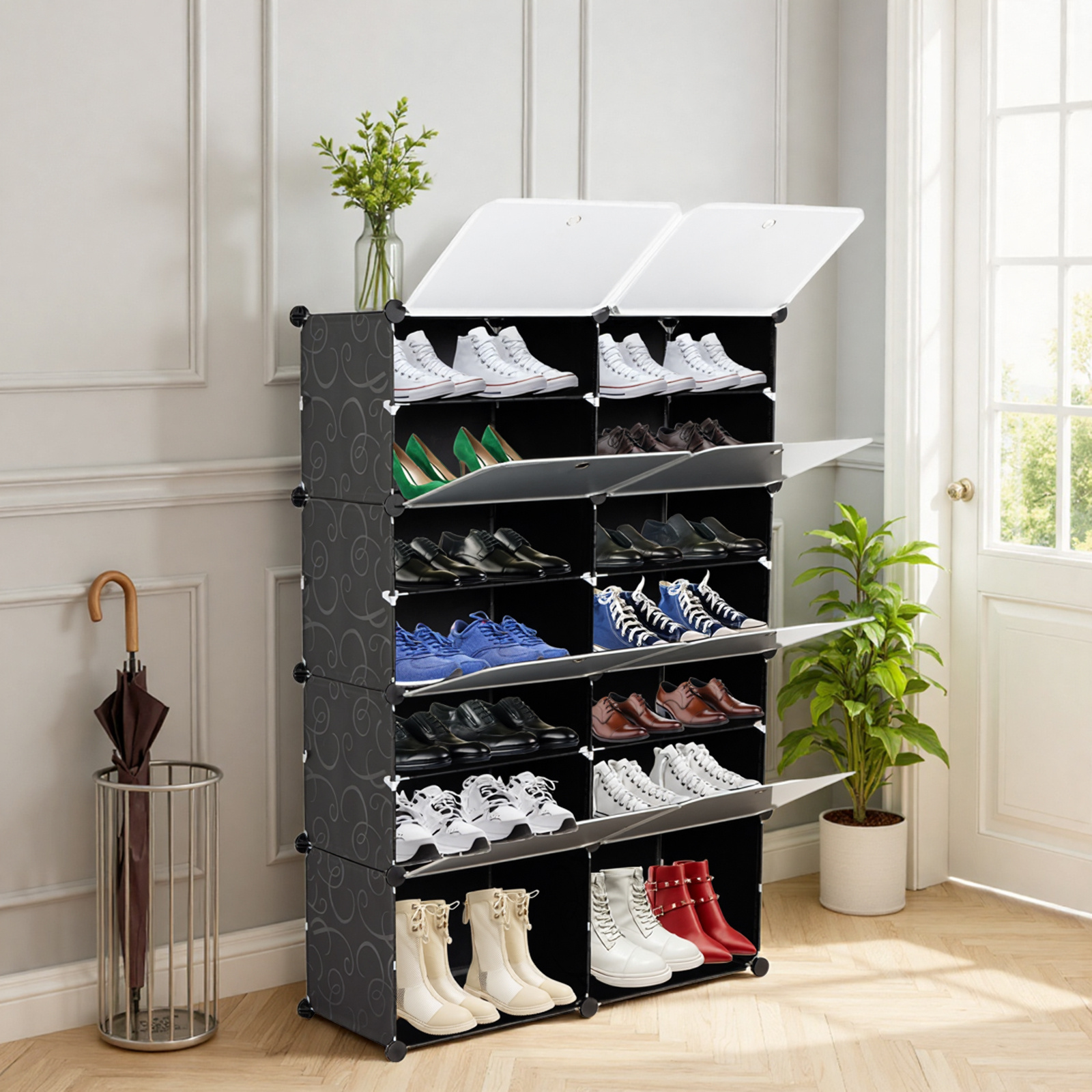 Image of Sunroad Shoe Rack 8 Cube, Adjustable Compartments Shoe Cabinet, Narrow With Doors, , Plastic, Shoe Storage Cabinet For Closet And Entryway, Hallway, Bedroom, Entrance, White/black