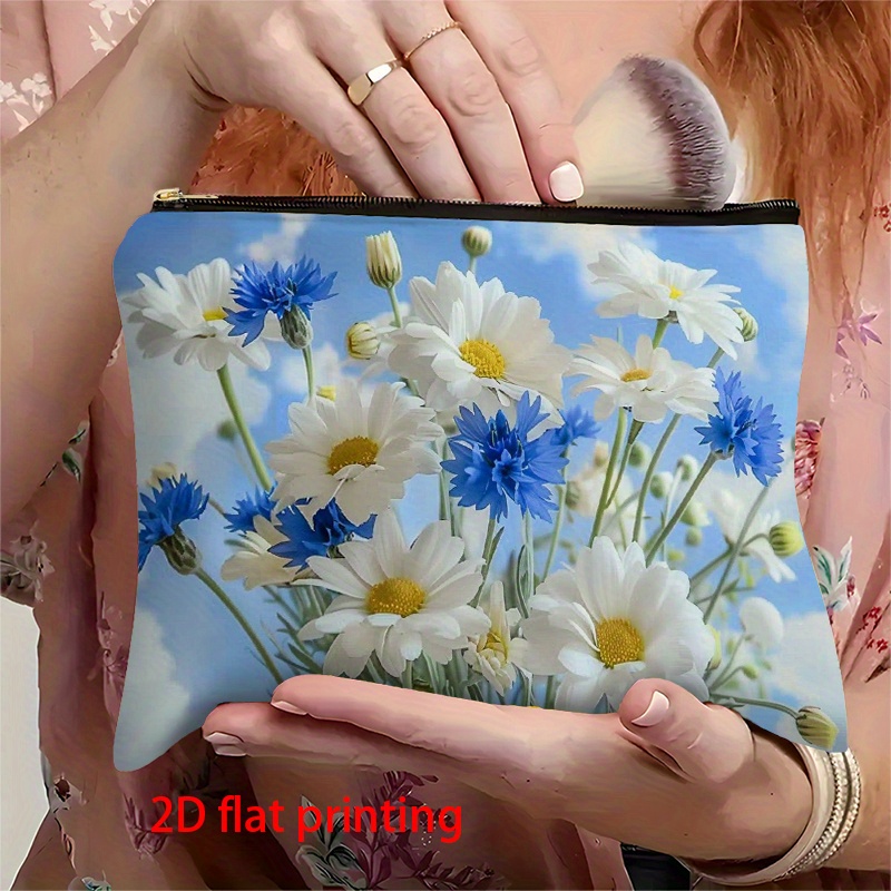 TEMU 1pc 2d Flat Printing Travel Cosmetic Bag Soft White And Blue Flowers Illuminated By The Sky Reative And Lightweight, Cosmetic Storage Bag,