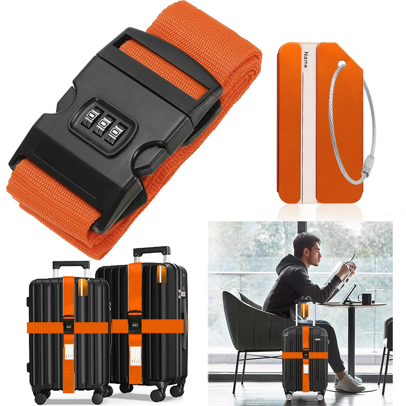 TEMU 2pcs New Luggage Packing Strap Set (1pc Luggage Strap And 1pc Luggage Tag), Fashionable Cut-corner Luggage Tag, Luggage Rope Strap, With