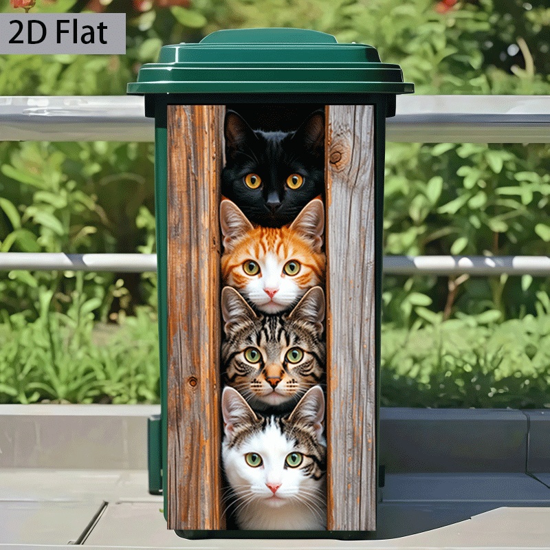 Image of 2d Flat Printing]1pc Trash Can Sticker 37 X 82 Cm 4 Cats Outside The Window, Decorative Wall Paper Self-adhesive Kitchen Trash Can Decoration (suitable For Trash Cans, Walls, Home Decor)